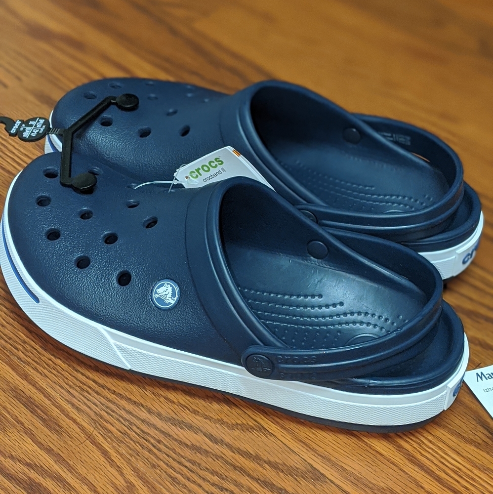 Navy Blue and White Crocs